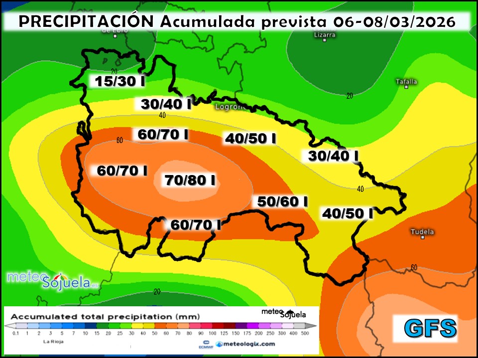 Precipitación Acumulada según GFS. Meteosojuela La Rioja