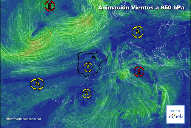 Animación Viento a 850hPa. Altas presiones