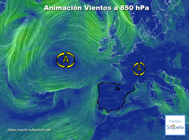 Animación Viento a 850hPa. Altas presiones