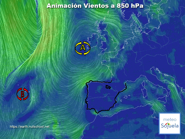 Animación Viento a 850hPa. Altas presiones