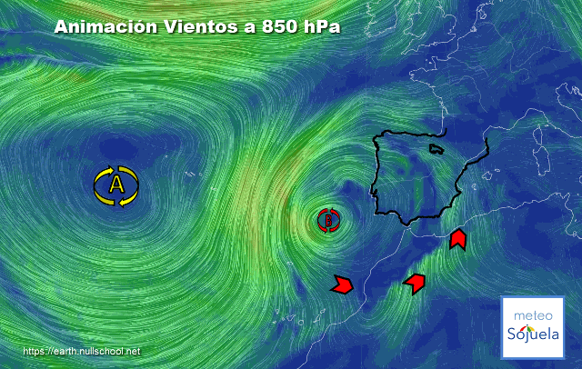 Animación Viento a 850hPa. BFA Y viento de Sur