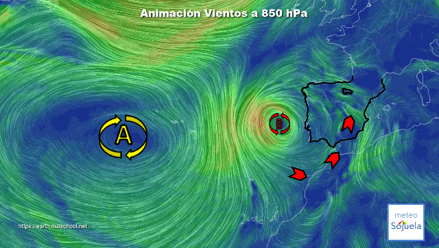 Animación Viento a 850hPa. BFA ,viento de sur y calima
