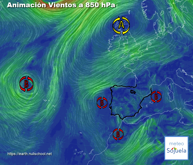 Animación Viento a 850hPa. Bajas presiones sobre la península