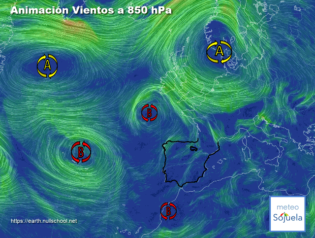 Animación Viento a 850hPa. Bajas presiones sobre la península