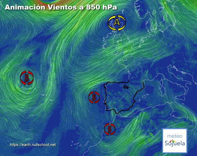 Animación Viento a 850hPa. Bajas presiones sobre la península