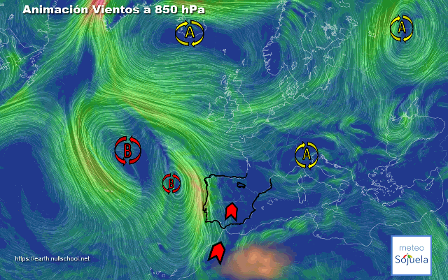 Animación Viento a 850hPa. Borrascón atlántico