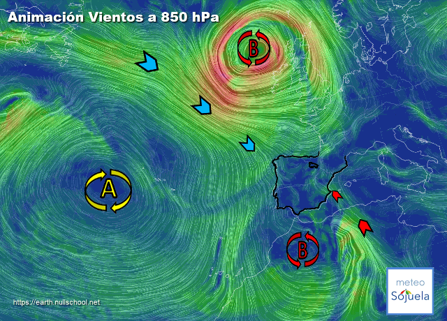Animación Viento a 850hPa. Cambio de viento