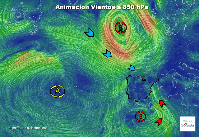 Animación Viento a 850hPa. Cambio de viento