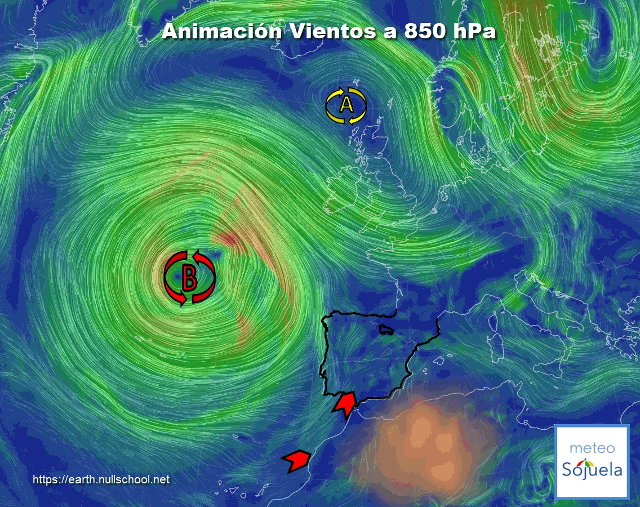 Animación Viento a 850hPa. Masa de aire tropical maritima y polvo en suspensión