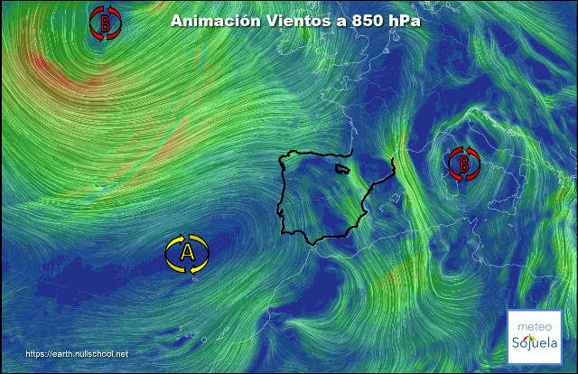 Animación Viento a 850hPa. Situación de NW Cierzo y Tramontana