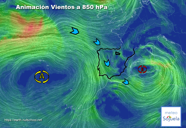 Animación Viento a 850hPa. Situación de NW