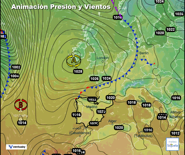 Animación presión y viento, Altas presiones, frentes en frontolisis y baja relativa