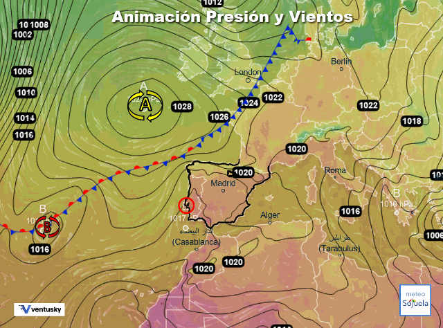 Animación presión y viento, Altas presiones, frentes en frontolisis y baja relativa