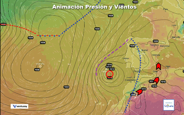 Animación presión y viento, BFA y Vientos del Sur