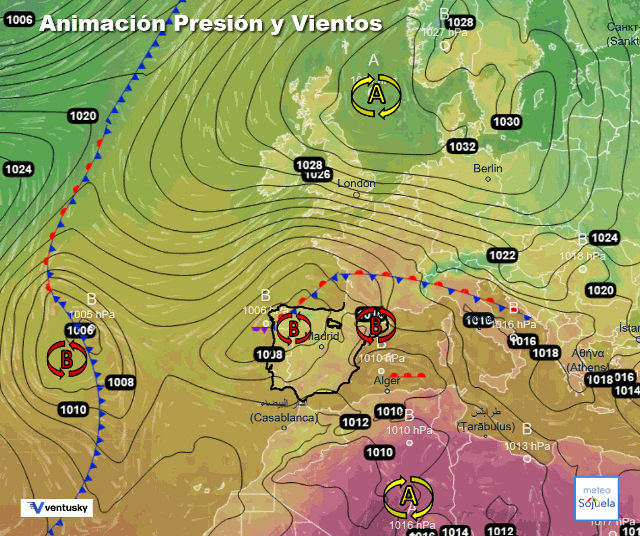 Animación presión y viento, Bajas presiones sobre la península