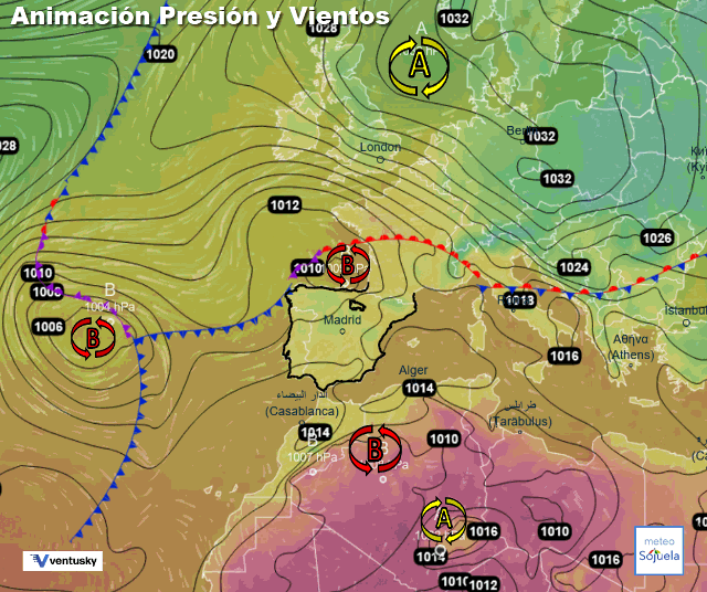 Animación presión y viento, Bajas presiones sobre la península