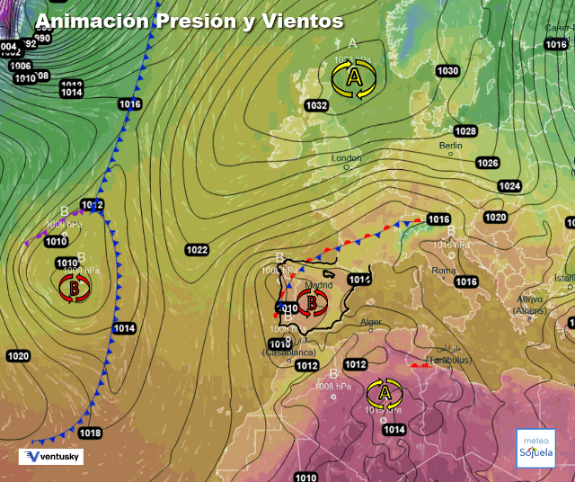 Animación presión y viento, Bajas presiones sobre la península