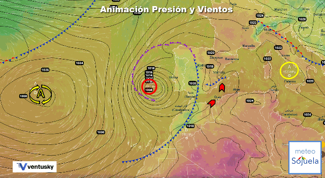 Animación presión y viento, Borrasca y Calima