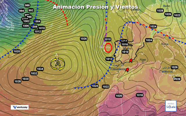 Animación presión y viento, Borrasca y Calima