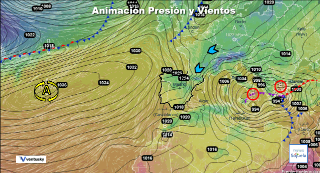 Animación presión y viento, Cierzo Ventusky