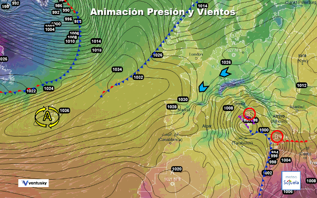 Animación presión y viento, Cierzo Ventusky