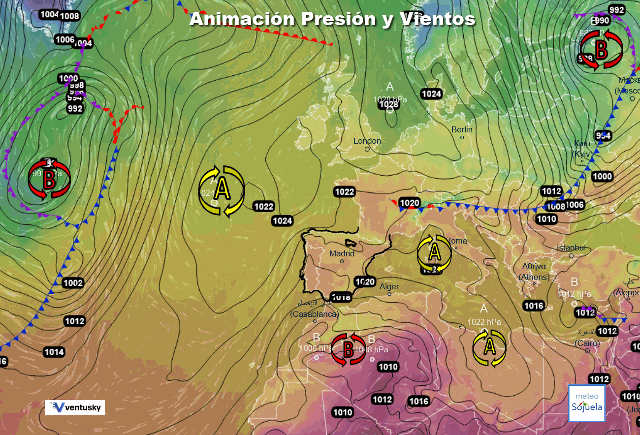 Animación presión y viento, Convergencia NW y ESE
