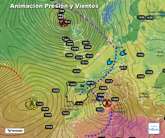 Animación presión y viento, Pasa el frente
