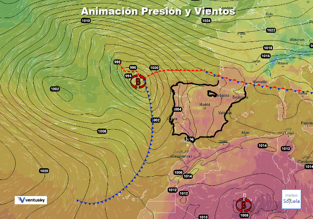 Animación presión y viento,Borrasca en el Atlántico