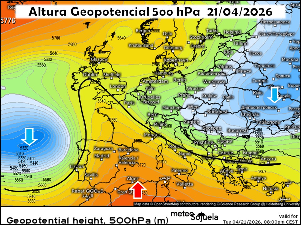 Embolsamiento de aire frío en el Atlántico y Dorsal en el Mediterráneo