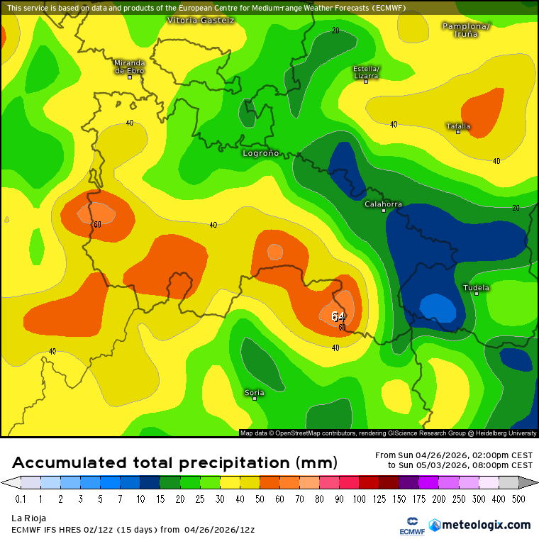 Precipitación Acumulada según ECMWF. Meteosojuela La Rioja