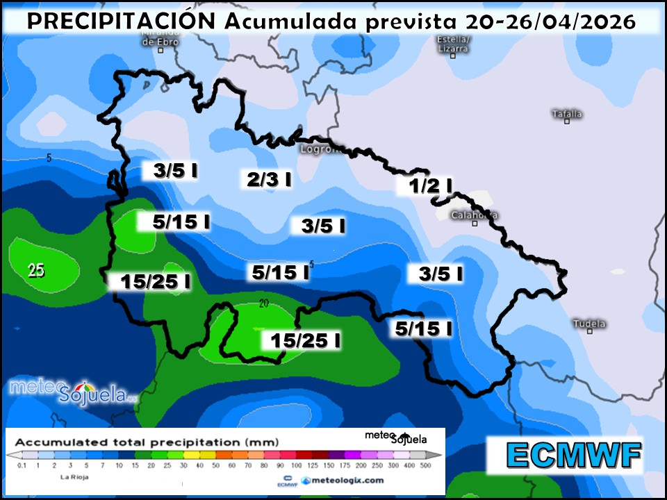 Precipitación Acumulada según ECMWF. Meteosojuela La Rioja