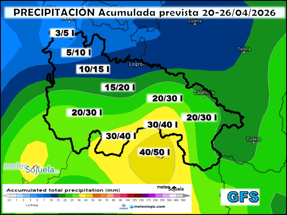 Precipitación Acumulada según GFS. Meteosojuela La Rioja