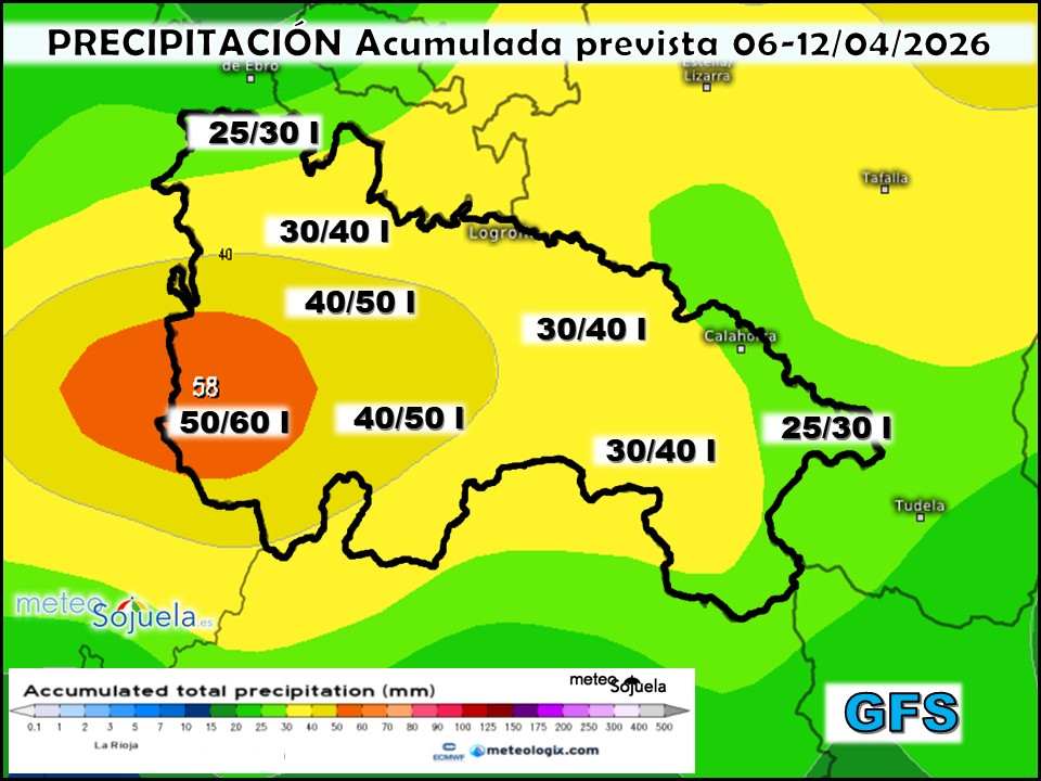Precipitación Acumulada según GFS. Meteosojuela La Rioja