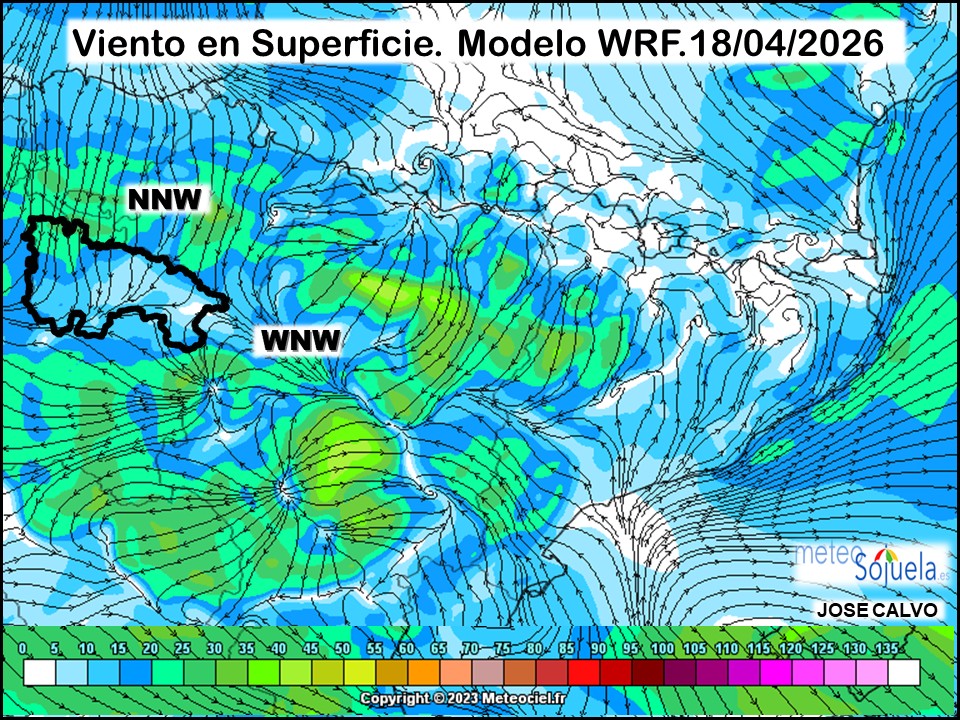 Viento en Superficie Modelo WRF NNW Meteosojuela.