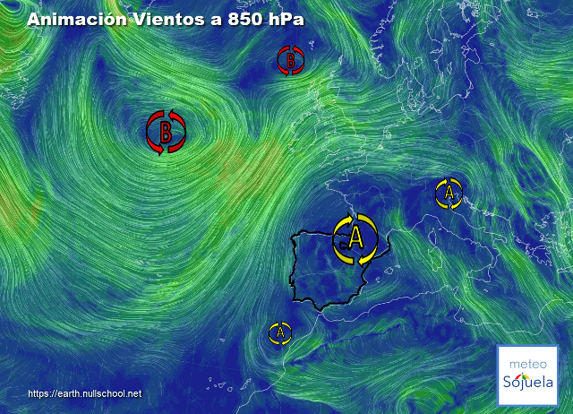 Animación Viento a 850hPa. Altas presiones de bloqueo