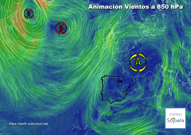 Animación Viento a 850hPa. Altas presiones de bloqueo
