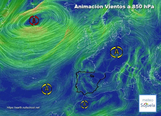 Animación Viento a 850hPa. Altas presiones de bloqueo