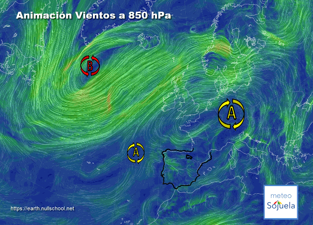 Animación Viento a 850hPa. Altas presiones de bloqueo