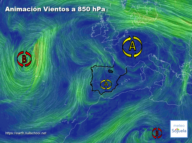Animación Viento a 850hPa. Altas presiones de bloqueo