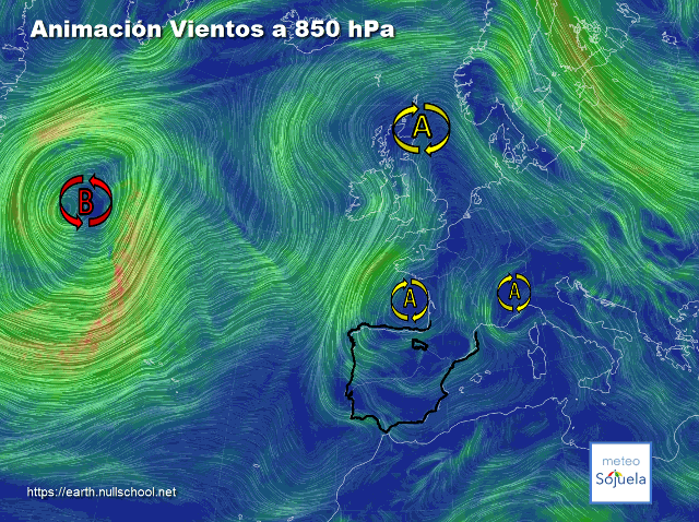 Animación Viento a 850hPa. Altas presiones de bloqueo