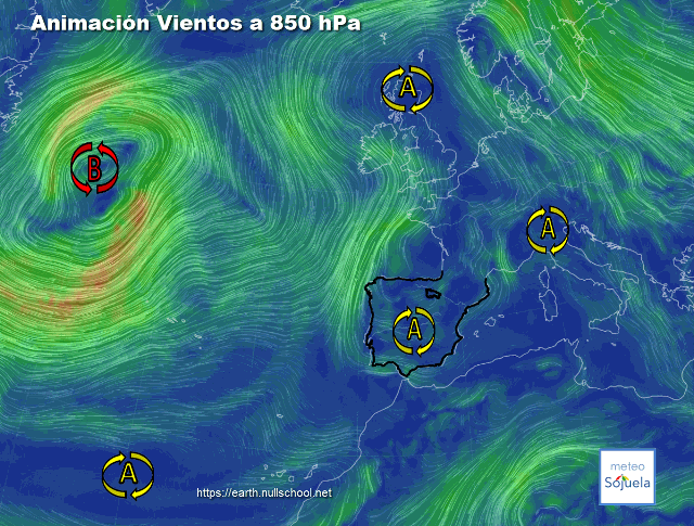 Animación Viento a 850hPa. Altas presiones de bloqueo