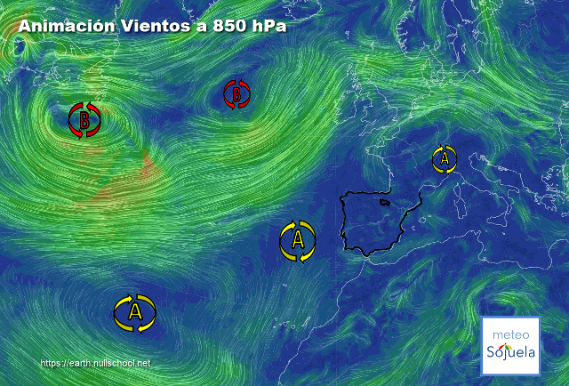 Animación Viento a 850hPa. Altas presiones de bloqueo