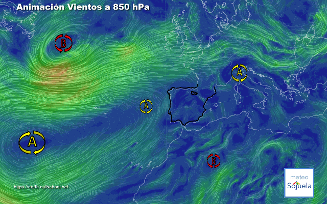 Animación Viento a 850hPa. Altas presiones de bloqueo