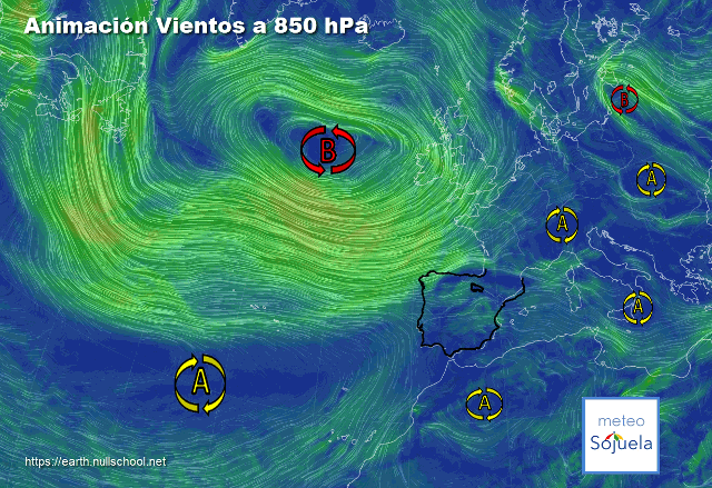 Animación Viento a 850hPa. Altas presiones de bloqueo