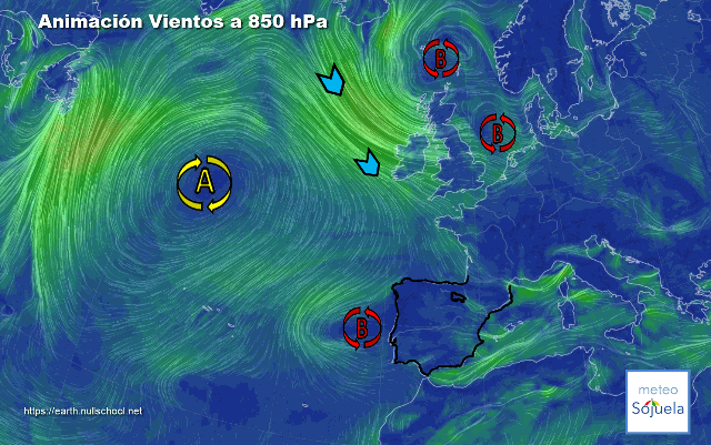 Animación Viento a 850hPa. Bajas presiones