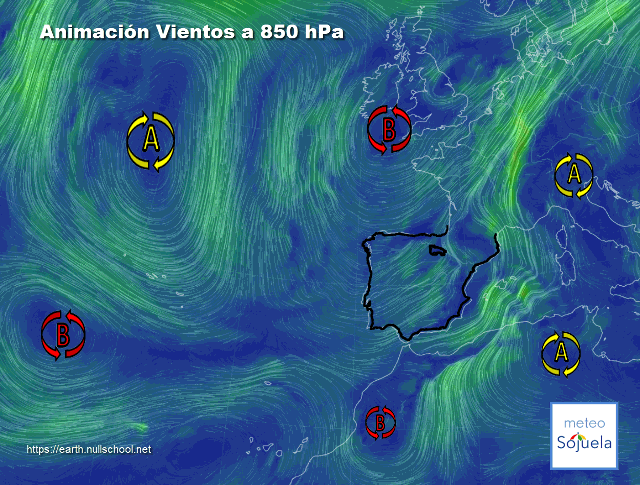 Animación Viento a 850hPa. Bajas presiones sobre la península