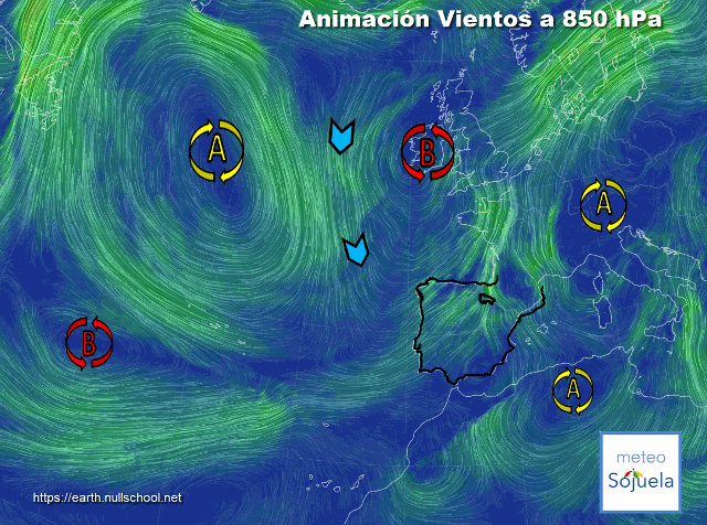 Animación Viento a 850hPa. Bajas presiones sobre la península