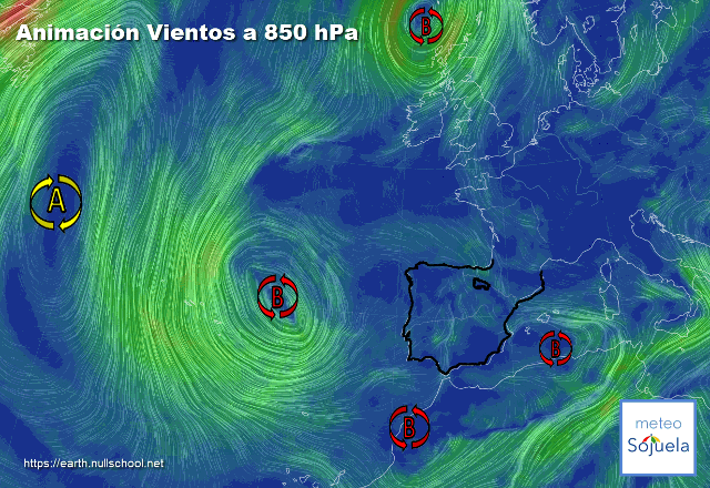 Animación Viento a 850hPa. Bajas presiones