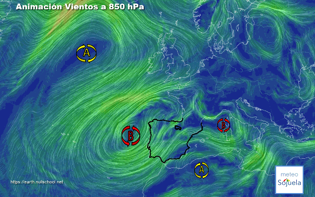 Animación Viento a 850hPa. Entre borrascas