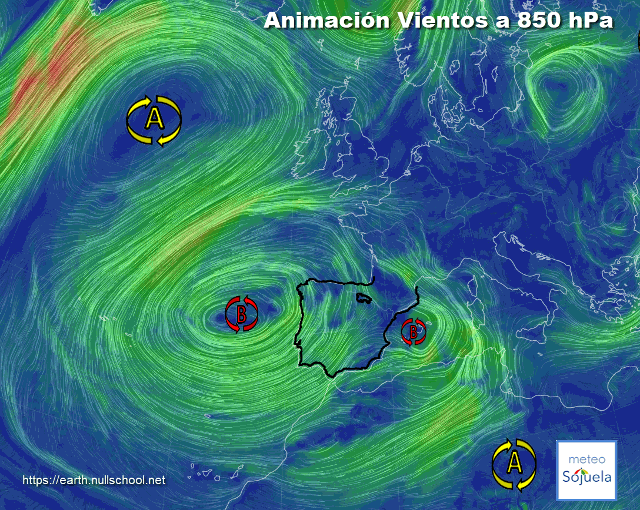 Animación Viento a 850hPa. Entre borrascas